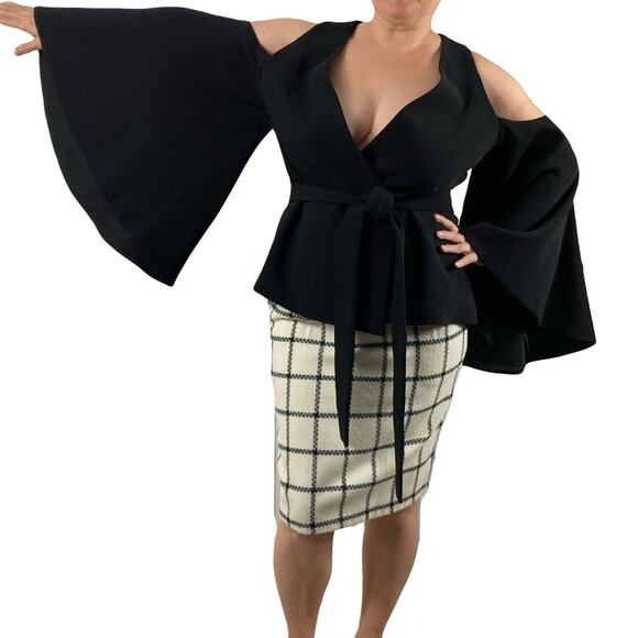 ALEXIS Blazer Jacket Kimono XL Black Wrap Tie Cut-Out Bell-Long-sleeve Lined - Picture 3 of 16